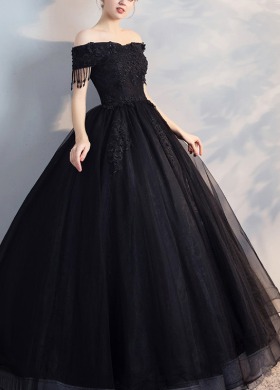 이브닝드레스 NO.614_오프숄더 입체 자수 블랙 벨라인 드레스, 심플 슬림핏 피로연 드레스